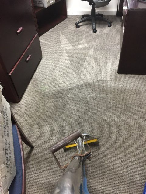 A person is cleaning a carpet in an office with a broom.