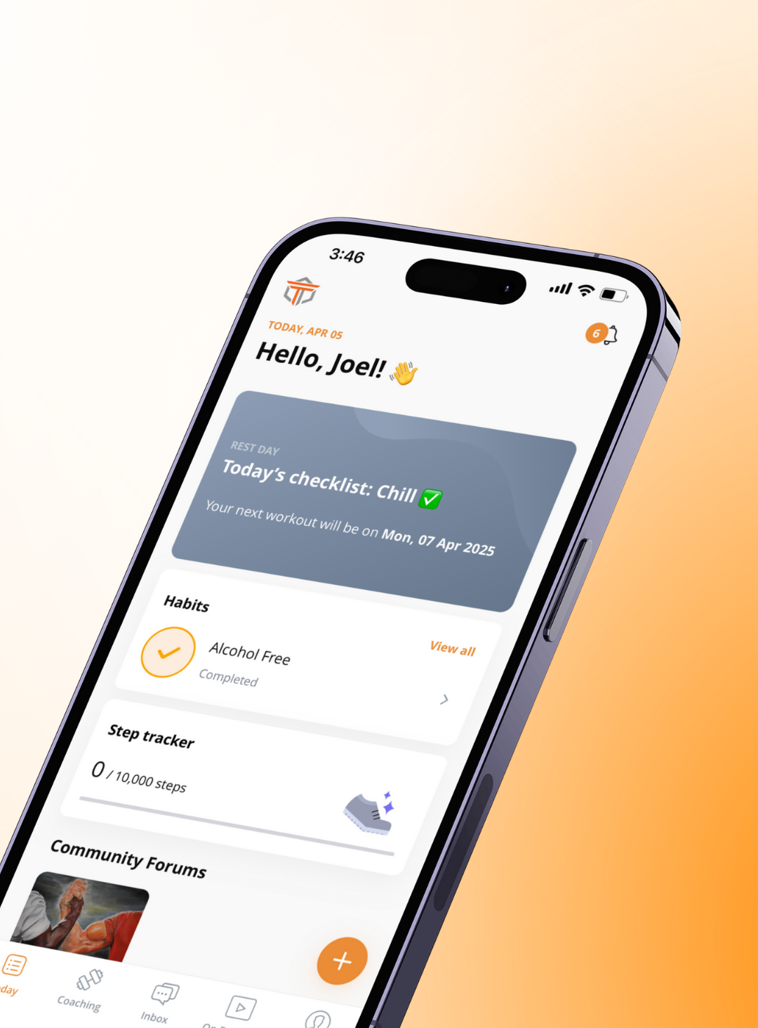 A smartphone held at an angle displaying a personalized mobile app dashboard with a 