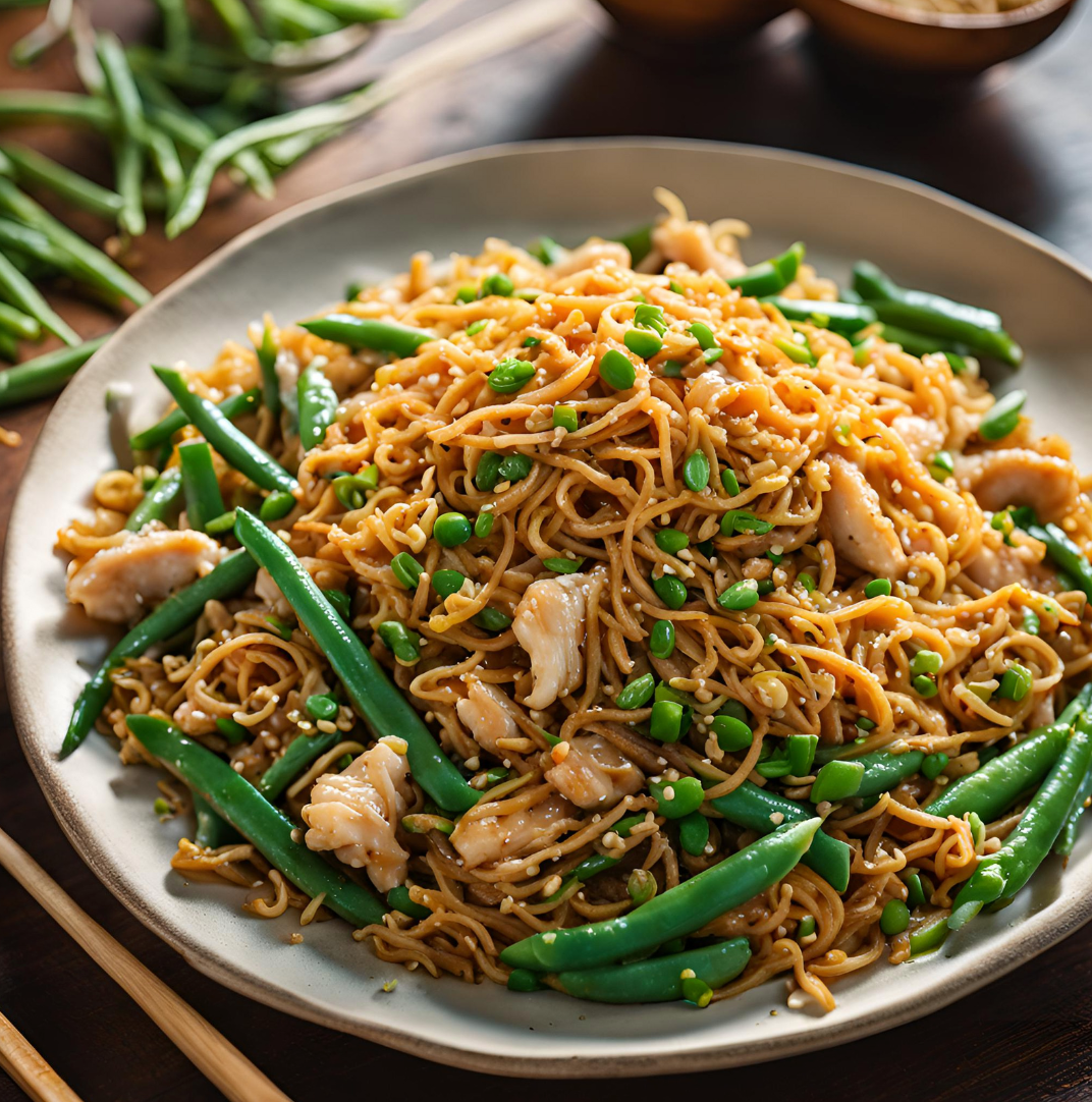 A plate of stir-fried noodles with green beans and chunks of chicken, served with chopsticks on a wooden table.