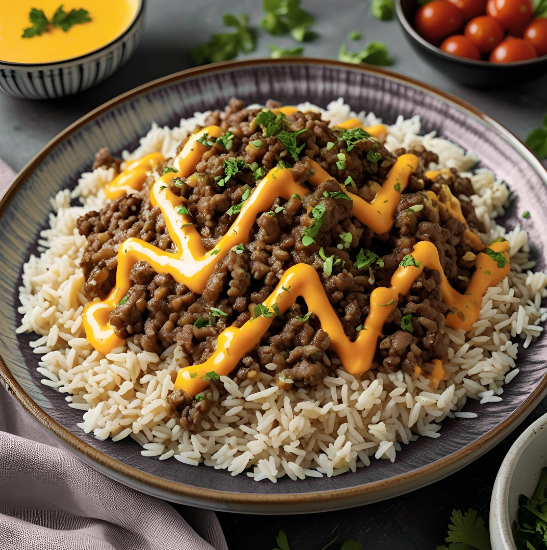 A bowl of rice with mince and sauce