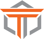 A stylized letter T formed by an orange horizontal bar and vertical pillar, set against a geometric gray hexagonal border.