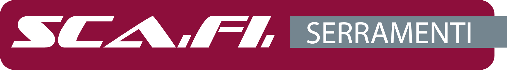 Logo of SCAFI SERRAMENTI, white text on maroon background, gray text box, brand identity.