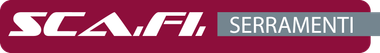 Logo of SCAFI SERRAMENTI, white text on maroon background, gray text box, brand identity.
