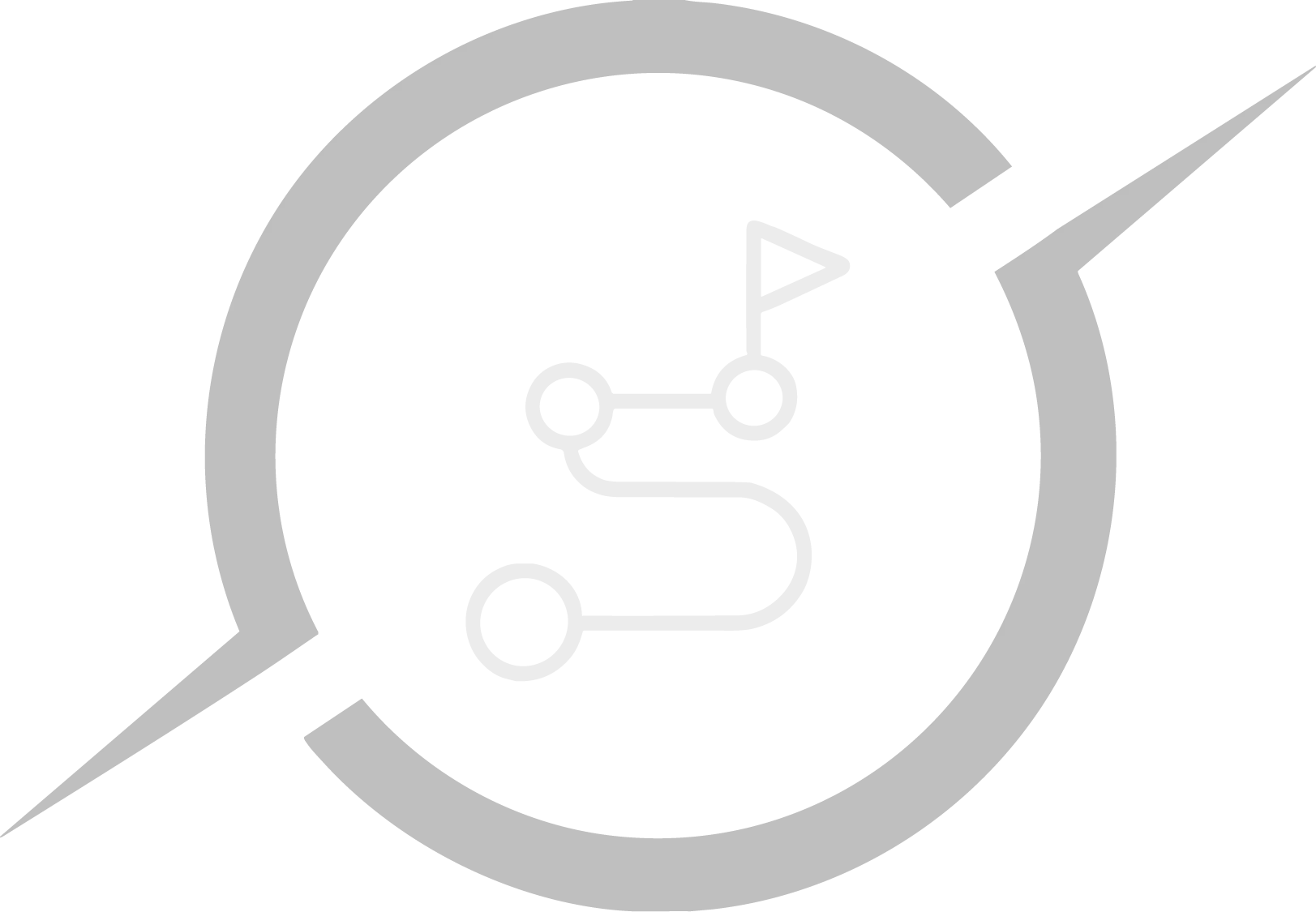 A path with waypoints and a flag symbol inside a circle with a split.