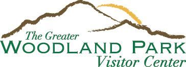Logo of the Greater Woodland Park Visitor Center with mountain graphic in brown and gold.