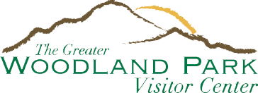 Logo of the Greater Woodland Park Visitor Center with mountain graphic in brown and gold.