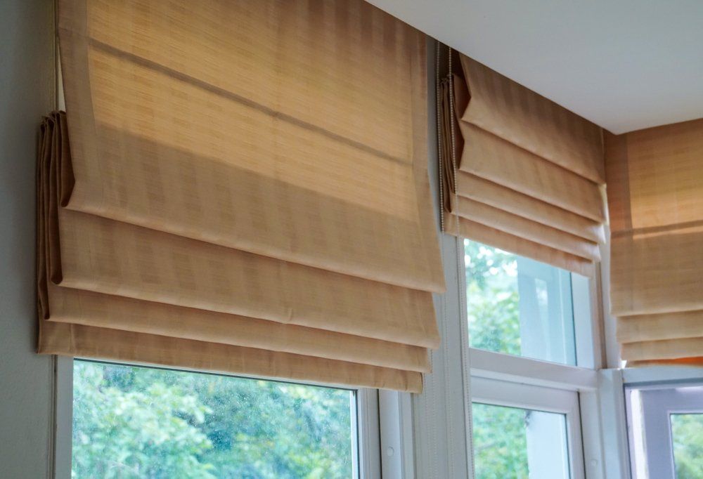 Brown Roman Blind Shade Curtain Tree Forest Mountain Background Living Room — Co-ordinations Blinds & Awnings in Falls Creek, NSW