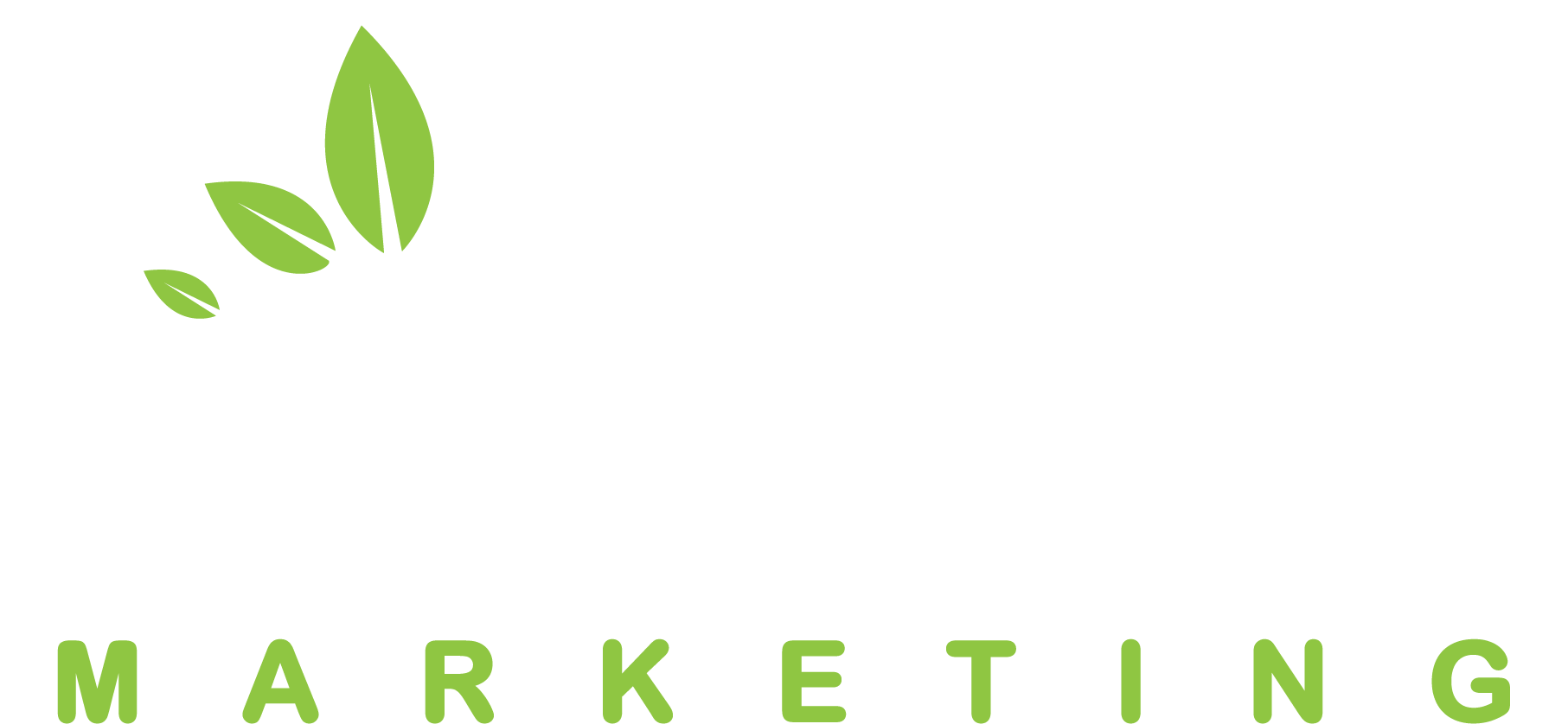 A logo for a company called marketing with green leaves on a white background.