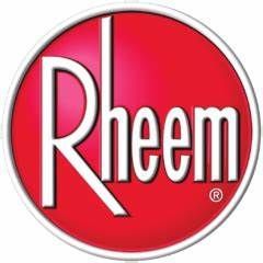 The rheem logo is a red circle with the word rheem inside of it.