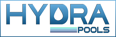 A blue and white logo for hydra pools