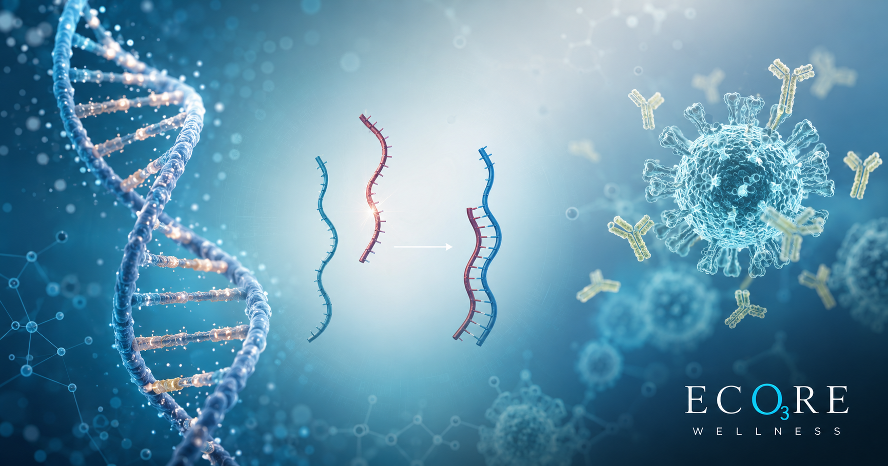 Antibodies surrounding virus-like particles beside a DNA helix, representing immune support 