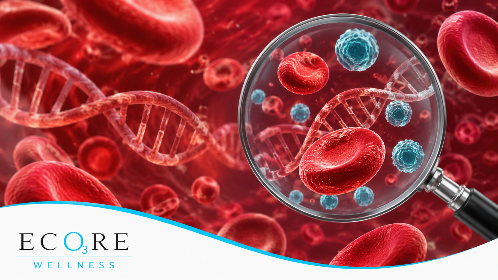 Magnifying glass examining blood cells and DNA strands, illustrating advanced blood testing and earl