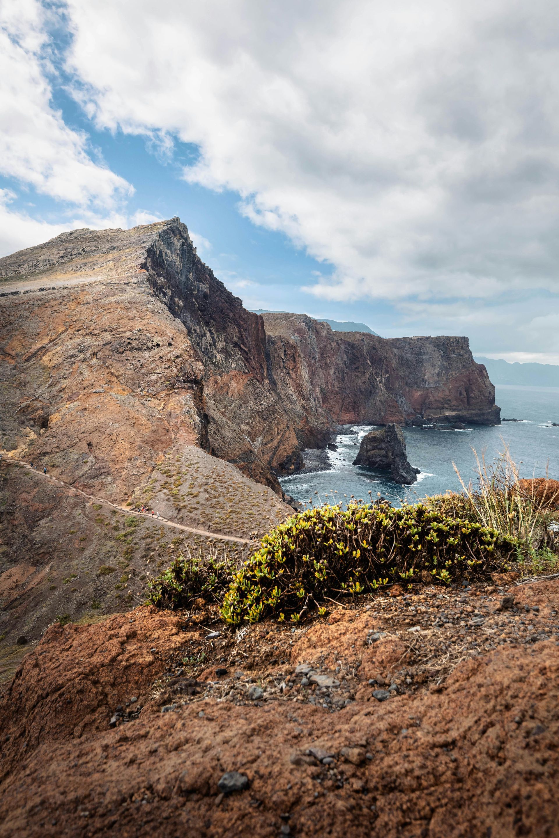 Rugged coastal cliffs with layered rock formations, blue water, and cloudy sky.