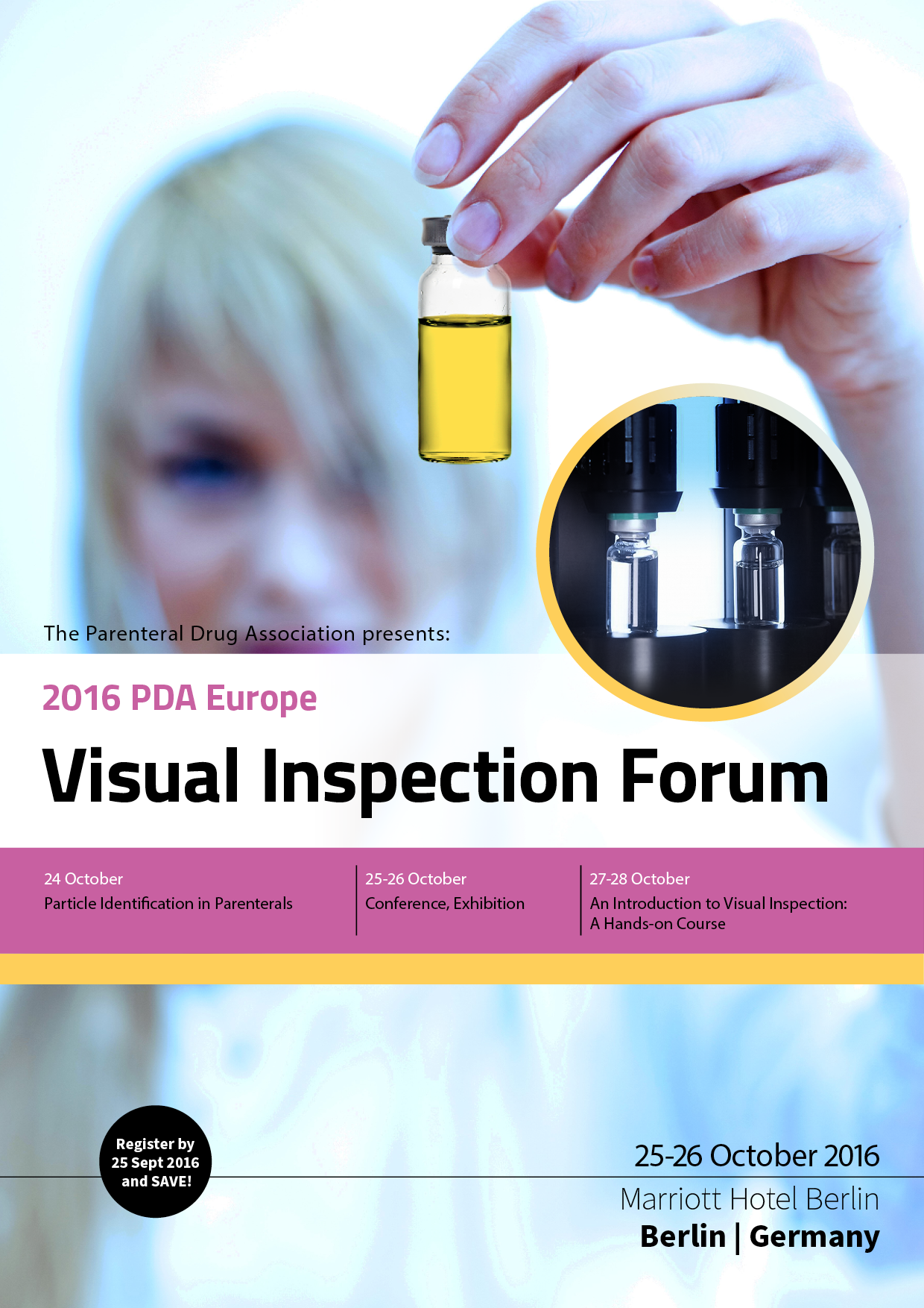 A woman is holding a bottle of liquid in her hand.