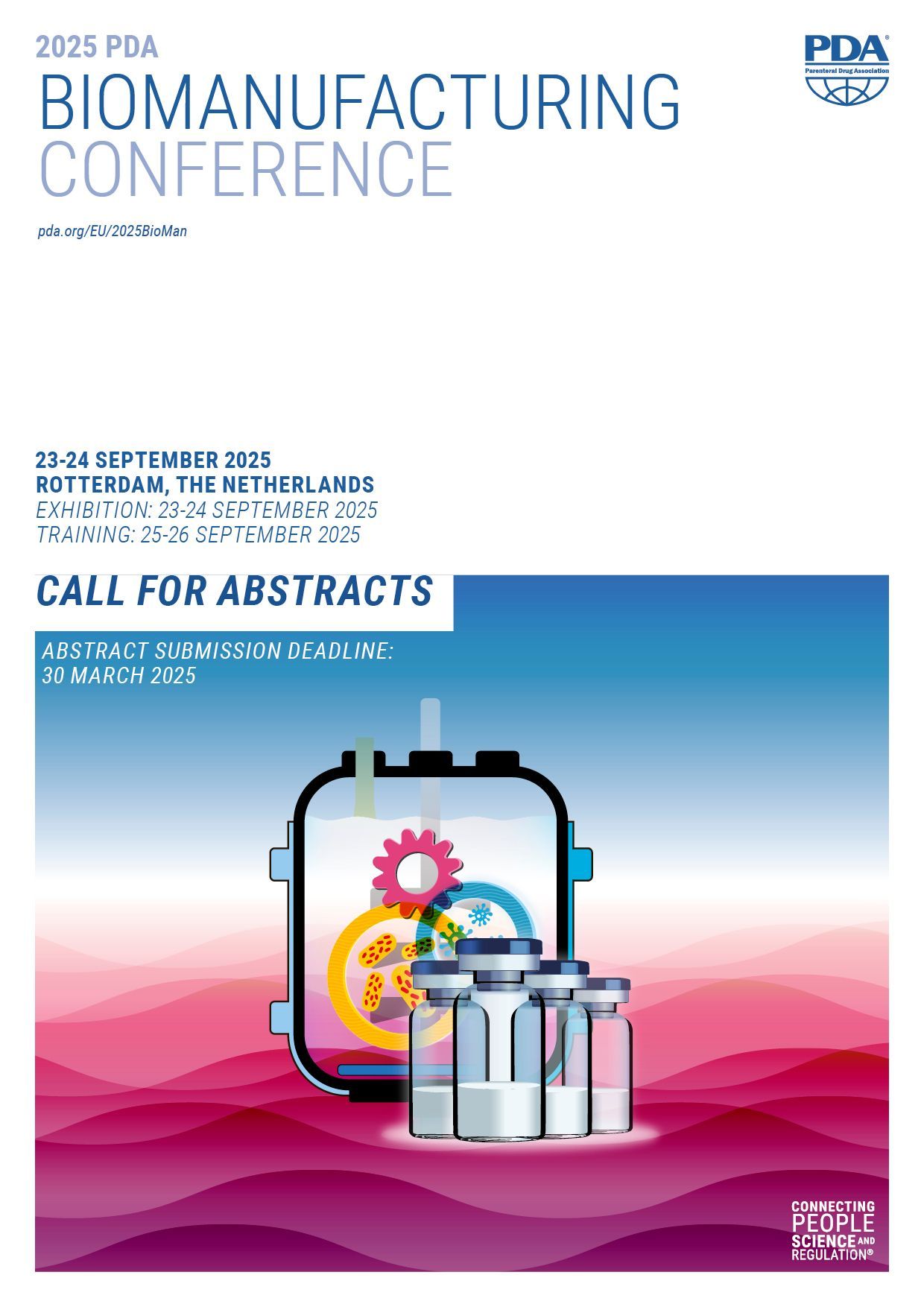 A poster for a biomanufacturing conference called call for abstracts.