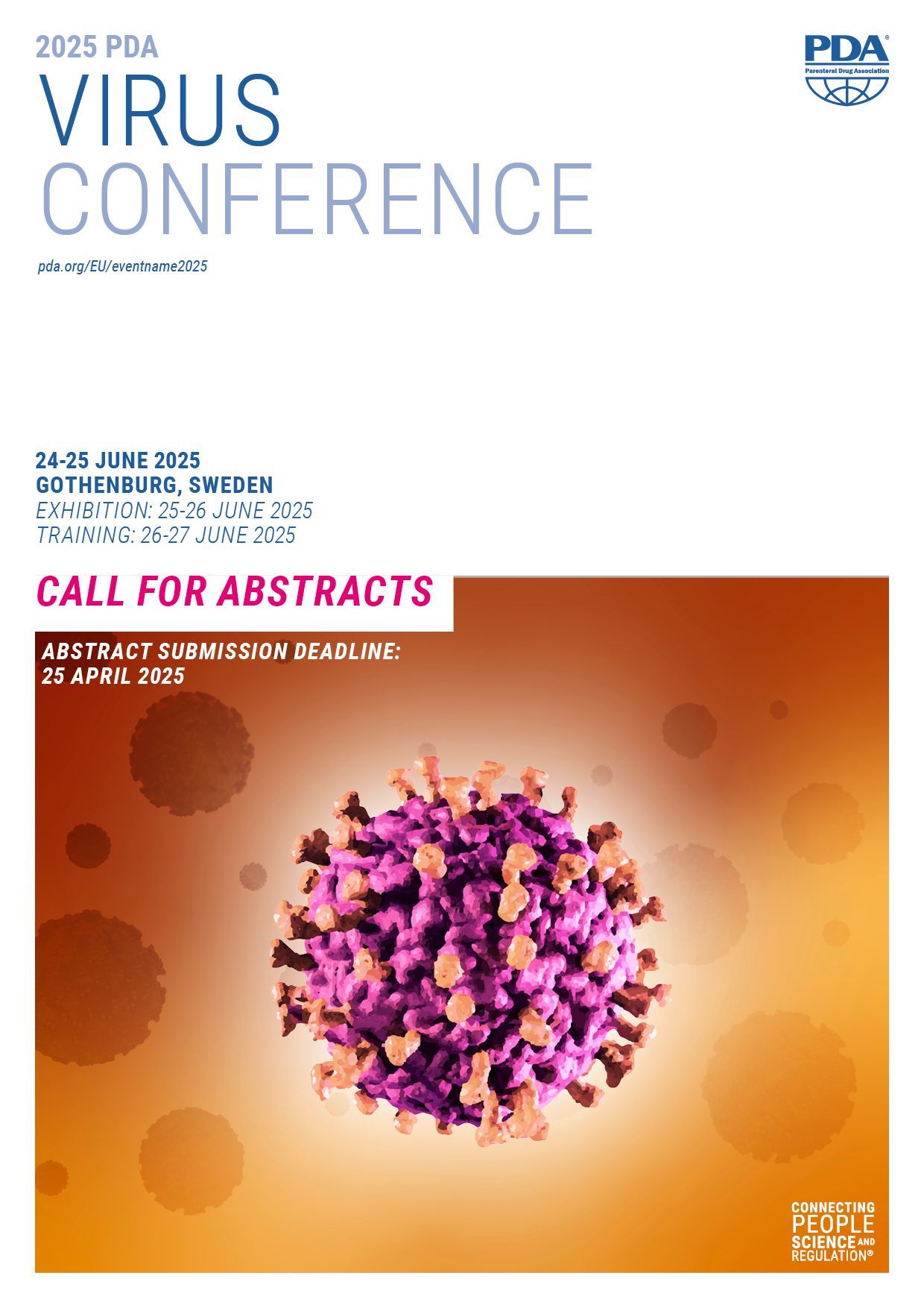 A poster for a virus conference with a purple virus on it