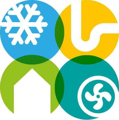 Four circles with a snowflake a pipe a house and a fan