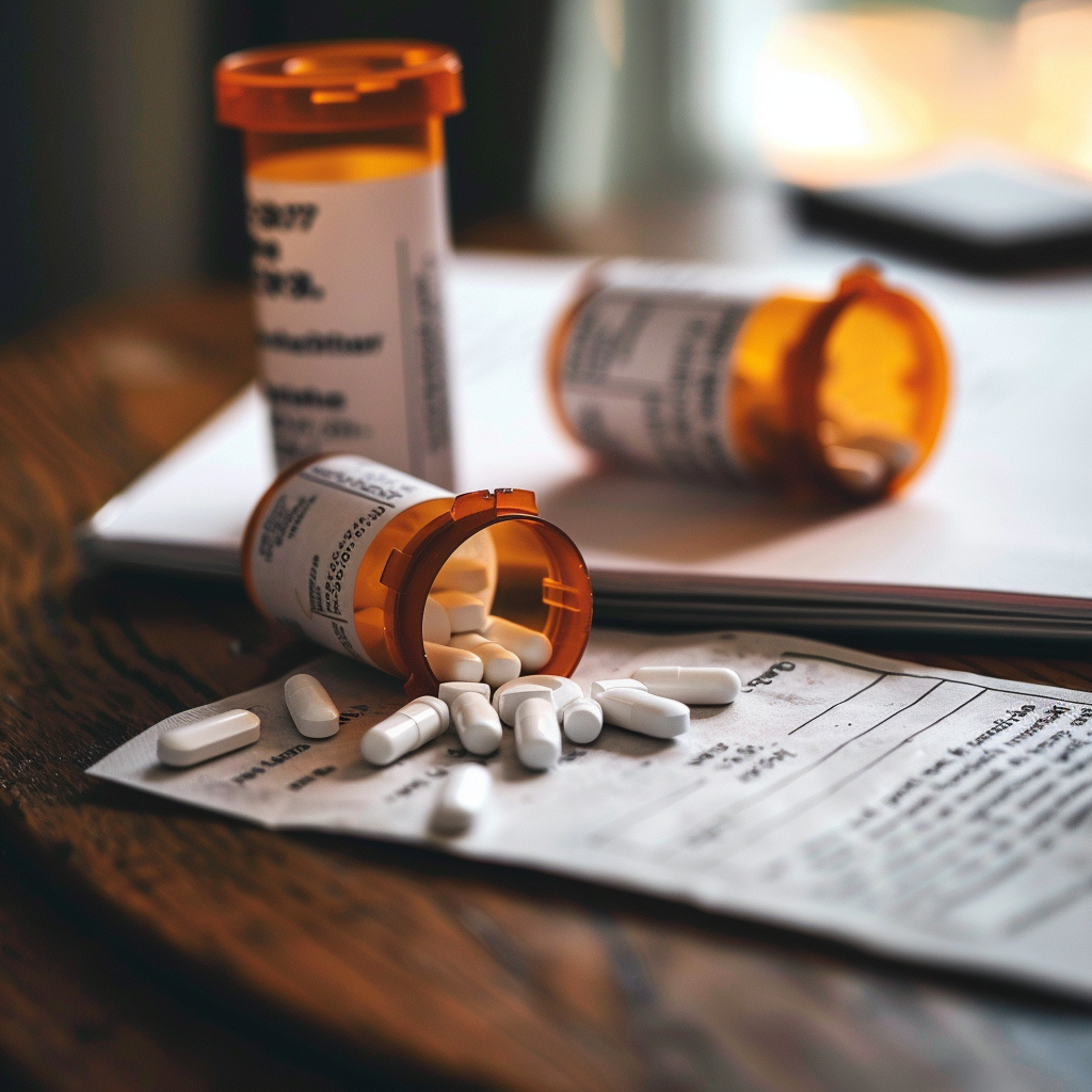 Two bottles of pills are spilled on a piece of paper on a table.