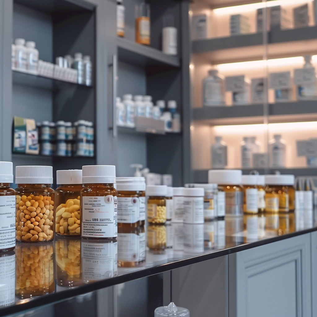 A row of bottles on a counter in a pharmacy