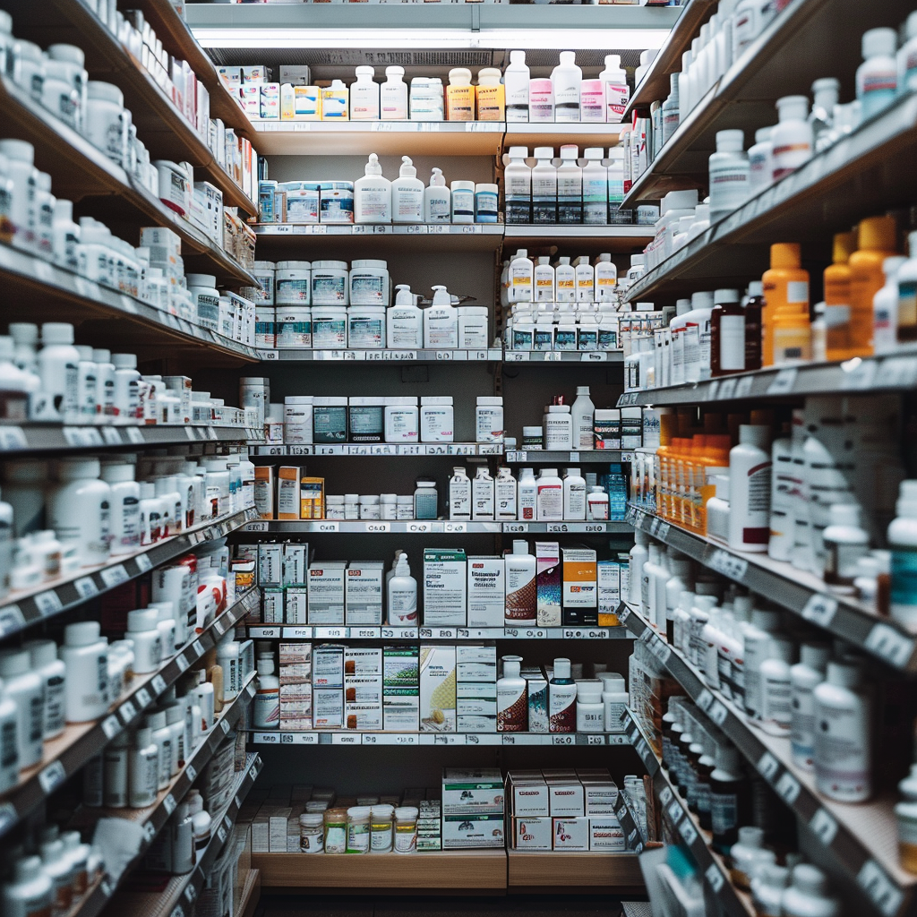 A pharmacy aisle filled with lots of bottles and pills.