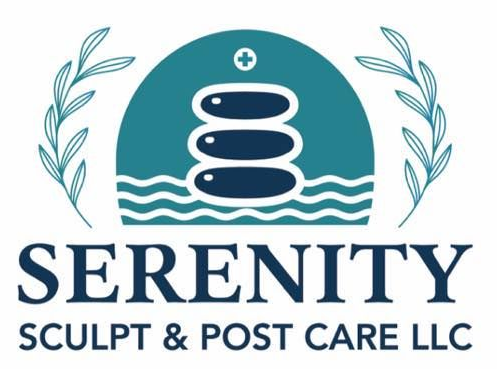 Logo for Serenity Sculpt & Post Care LLC: blue and teal design with stacked stones and leaves.