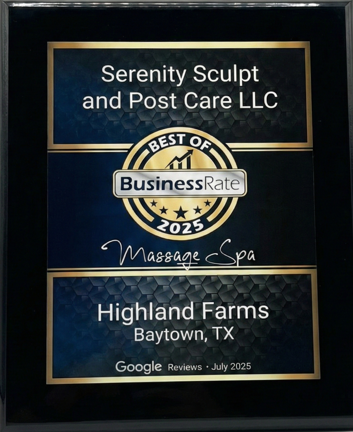 Plaque for Serenity Sculpt and Post Care LLC, 