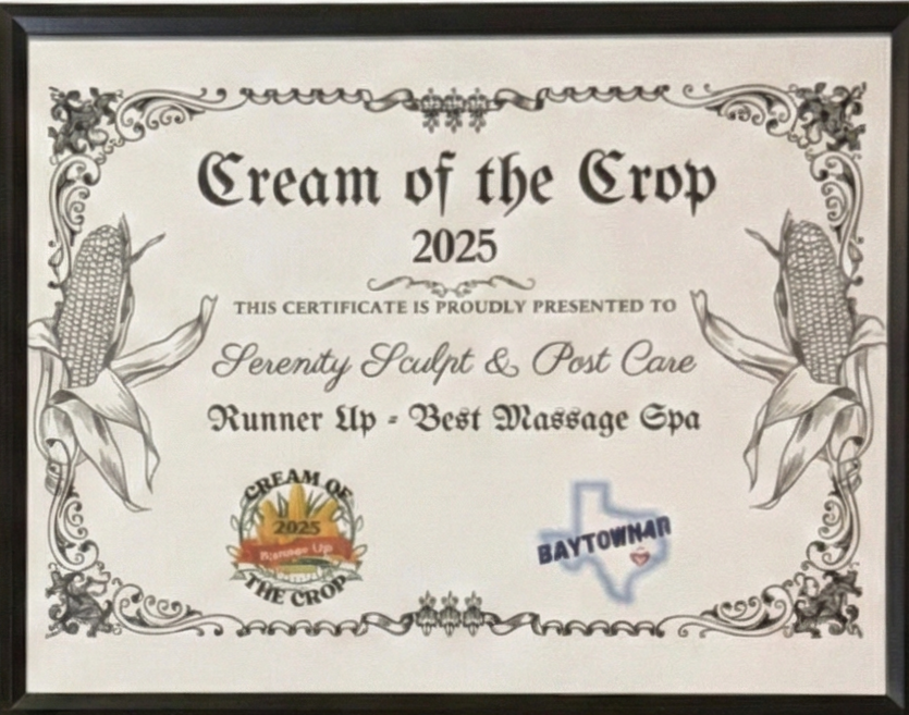Certificate for Serenity Sculpt & Post Care, Runner Up, Best Massage Spa, Baytown, 2025.