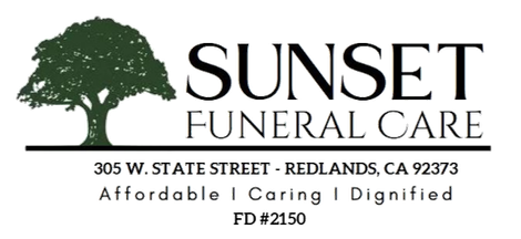 Logo for Sunset Funeral Care: Oval black background with white script text "Sunset", and smaller text "Funeral Care". Top tree icon.