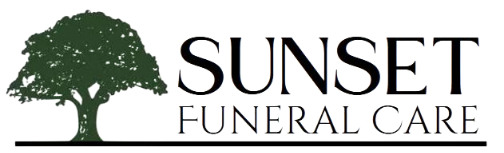 Logo for Sunset Funeral Care: Oval black background with white script text "Sunset", and smaller text "Funeral Care". Top tree icon.