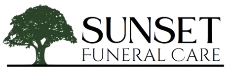 Logo for Sunset Funeral Care: Oval black background with white script text "Sunset", and smaller text "Funeral Care". Top tree icon.