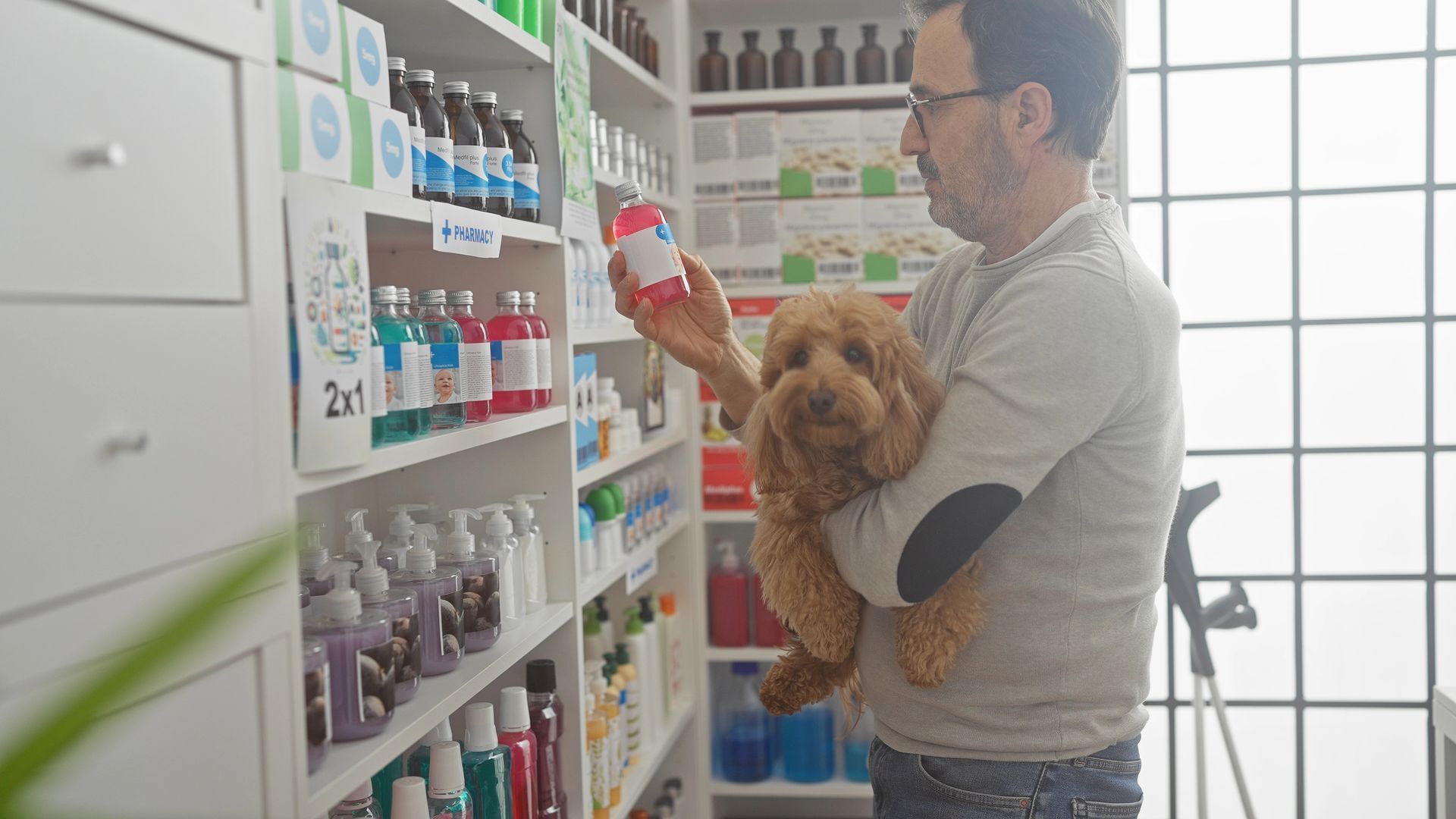 Un hombre sostiene a un perro mientras mira un frasco de medicamentos en una farmacia.