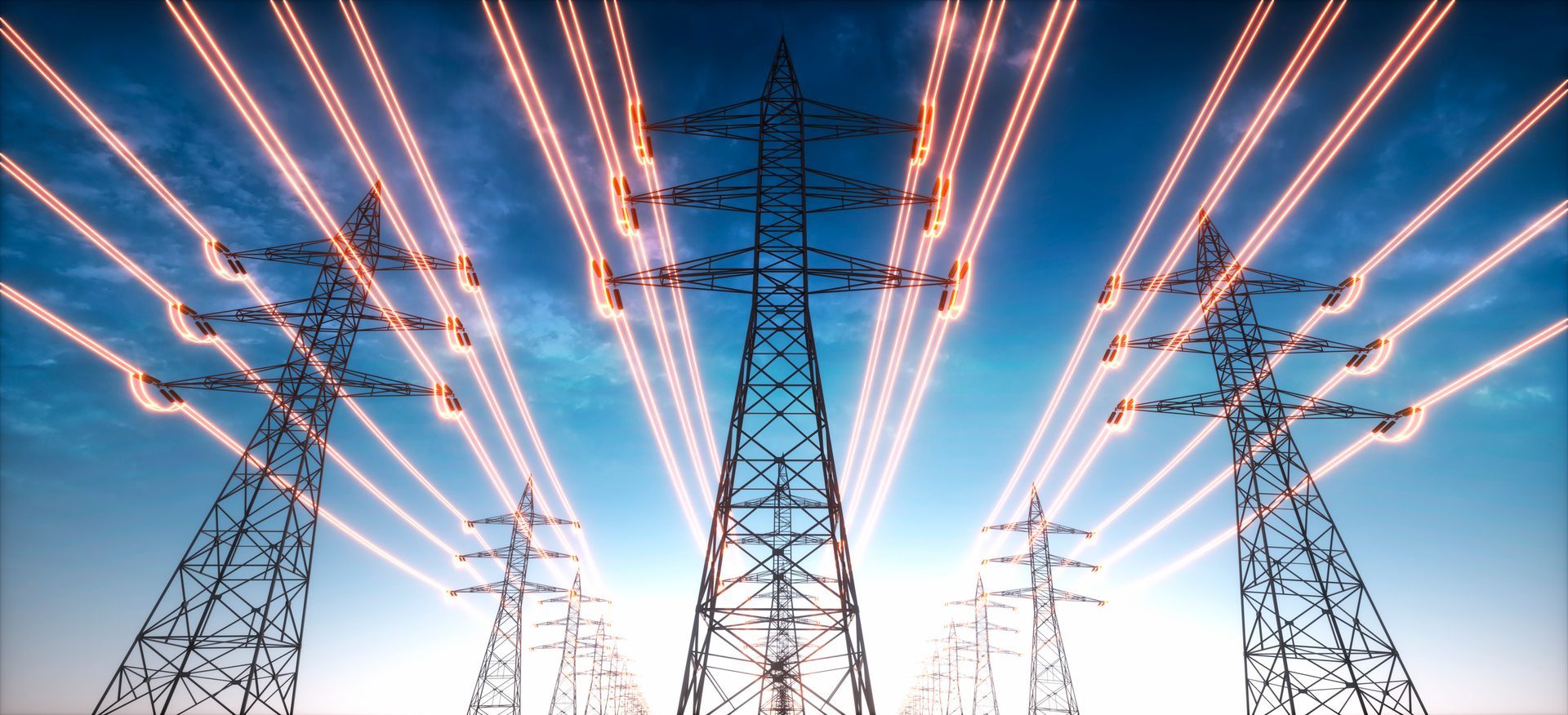 A row of power lines against a blue sky
