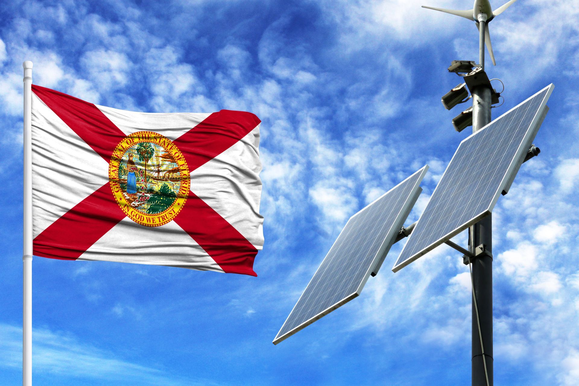 A florida flag is flying next to a solar panel on a pole.