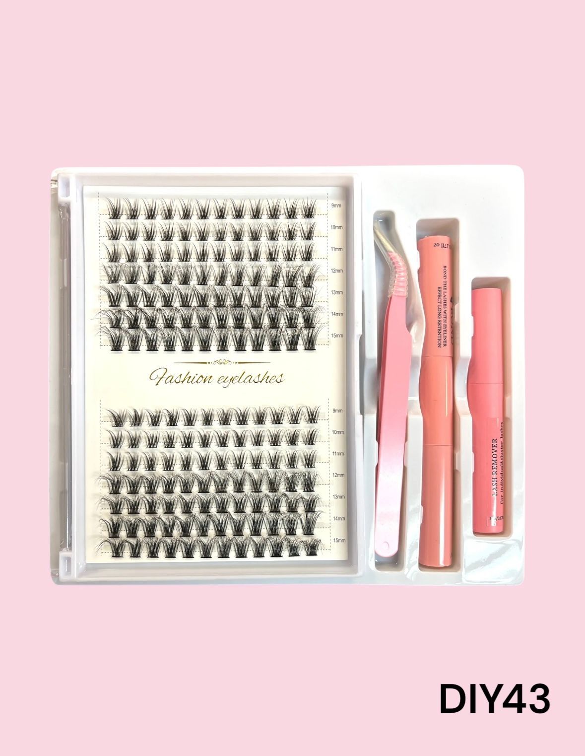 There are many different types of fake eyelashes on a pink background.