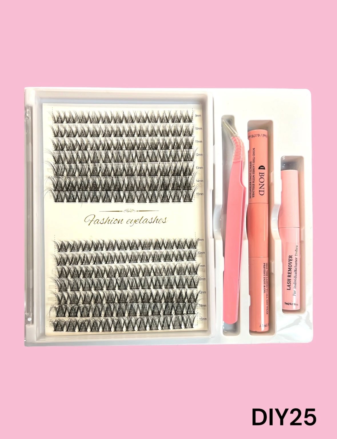 A set of eyelash extensions in a box on a pink background.