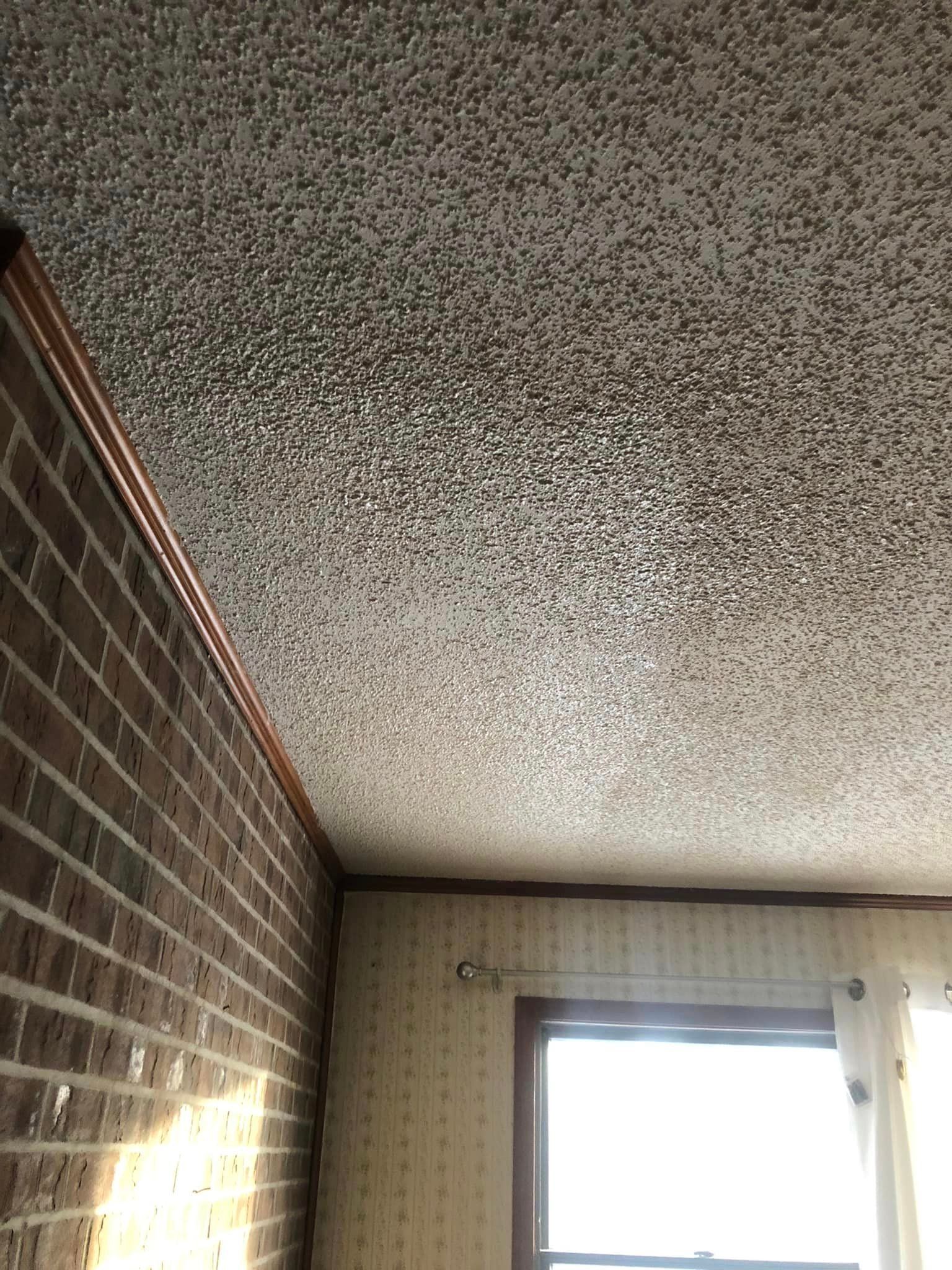 A room with a brick wall and a ceiling with a window.