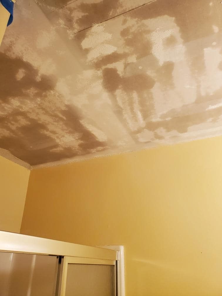A bathroom with a ceiling that has a picture of a cloud on it.