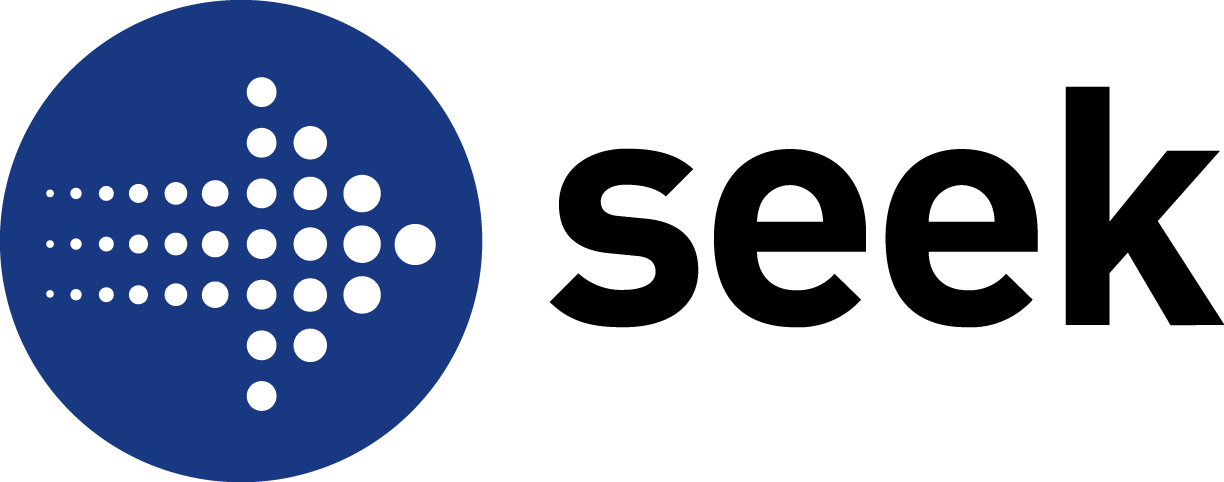 Logo of Seek. A blue circle with a white arrow made of dots. The word