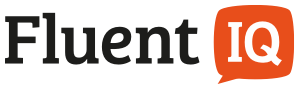 Fluent IQ logo with black text and an orange speech bubble containing