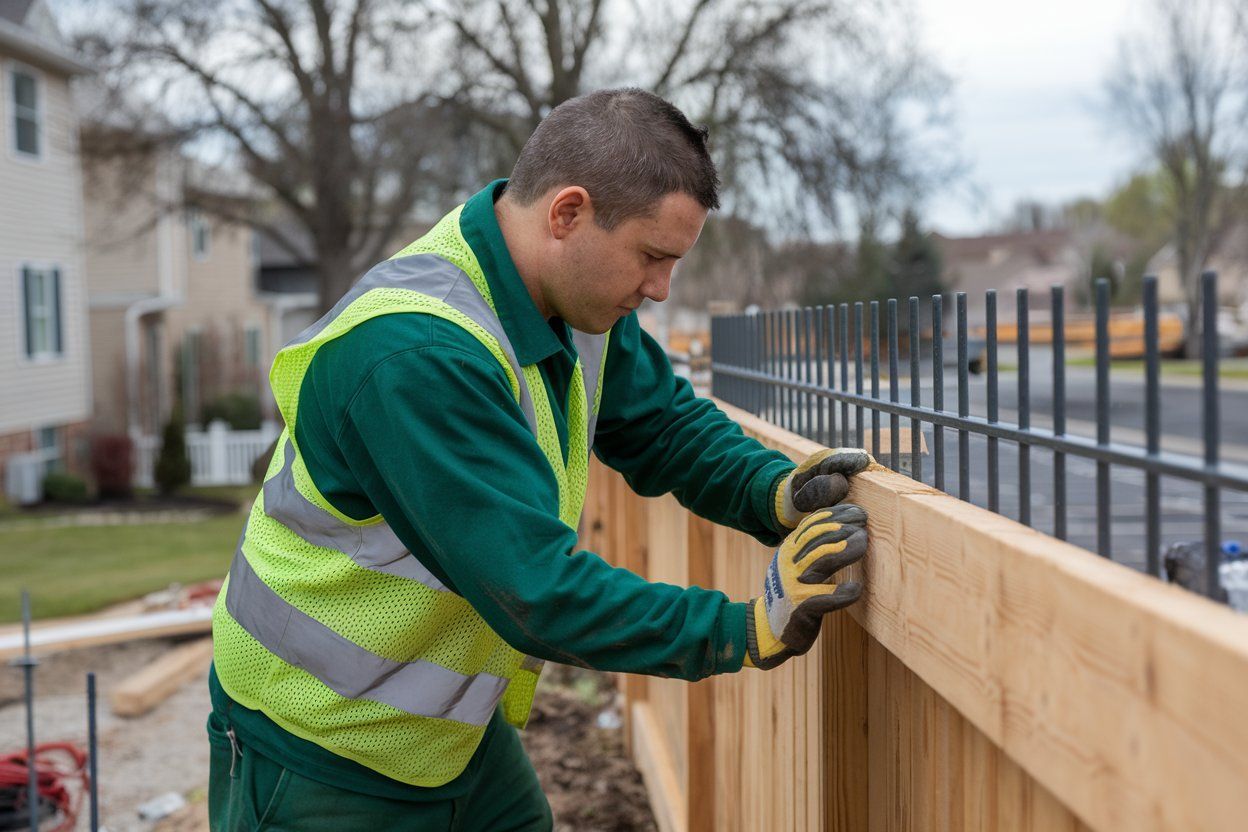 A man is standing next to a wooden fence.