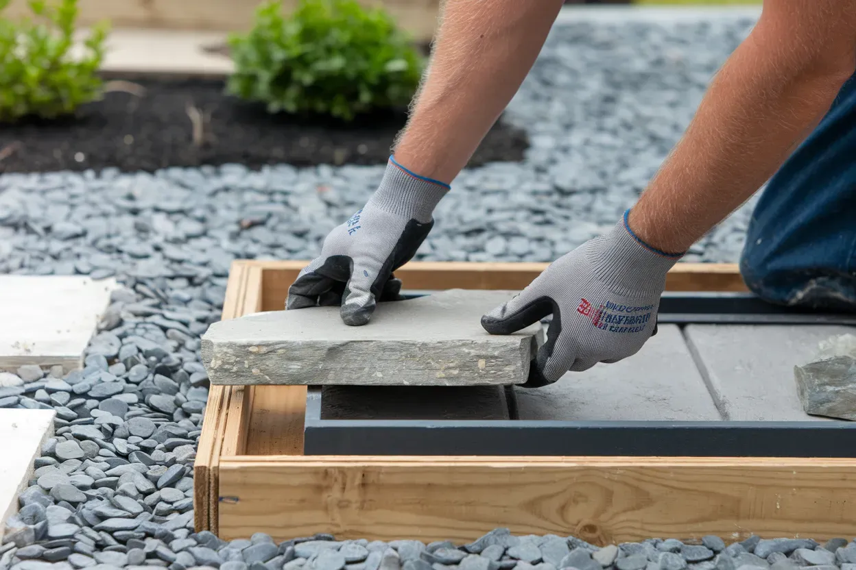A person wearing work gloves places a grey stone paver into a wooden frame surrounded by decorative landscaping gravel.