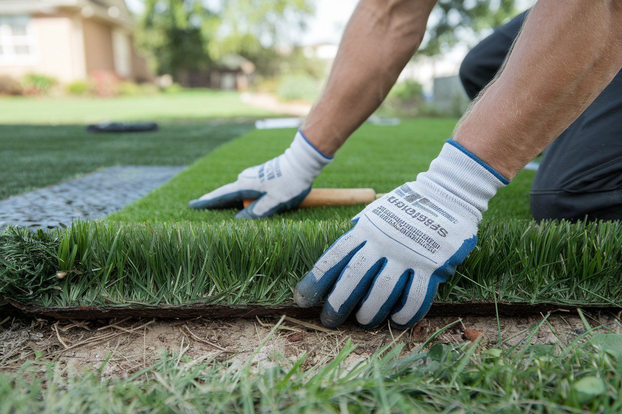 A person wearing protective gloves installs sheets of green artificial turf onto a prepared dirt yard.
