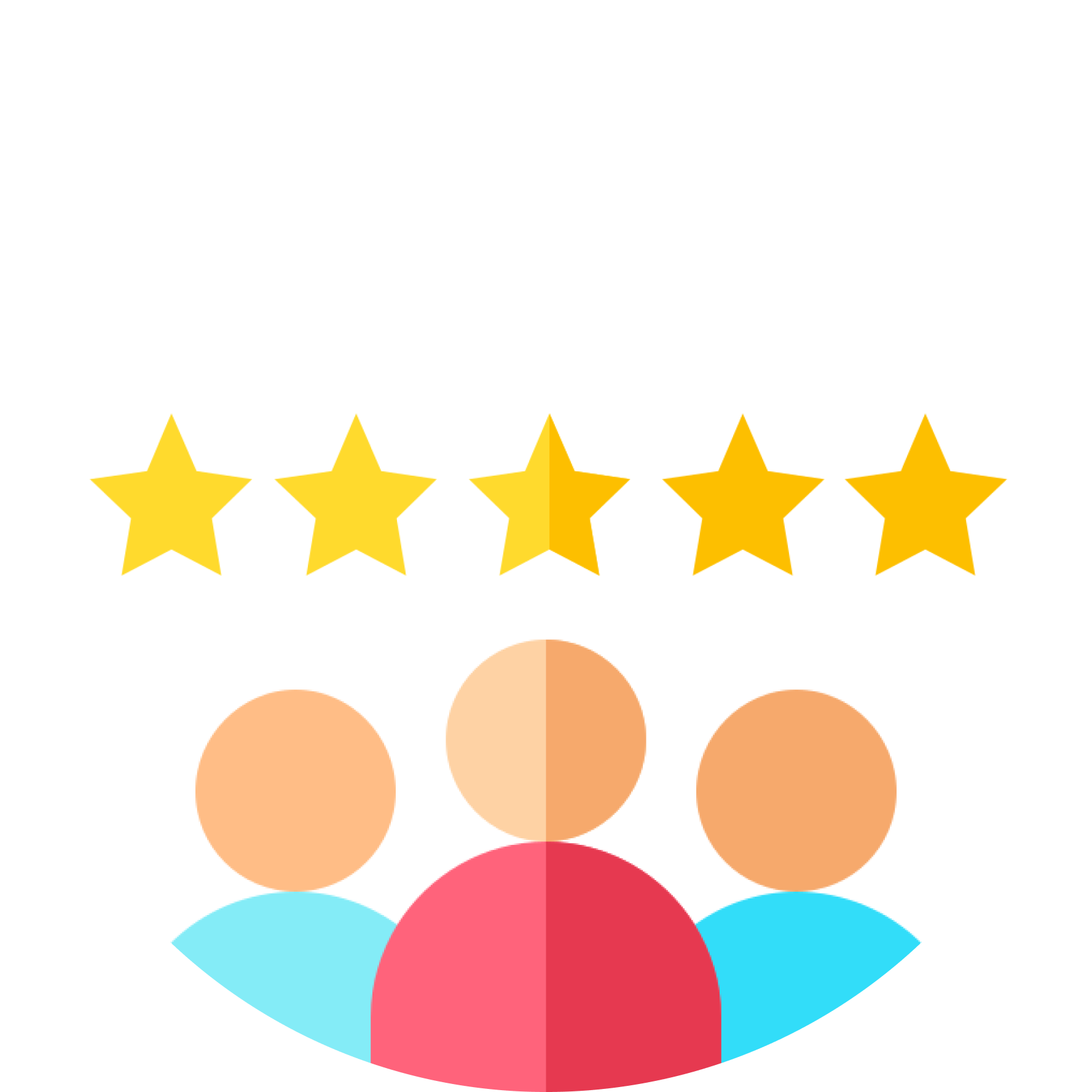 Five gold stars above a group of three people, likely representing excellent customer ratings.