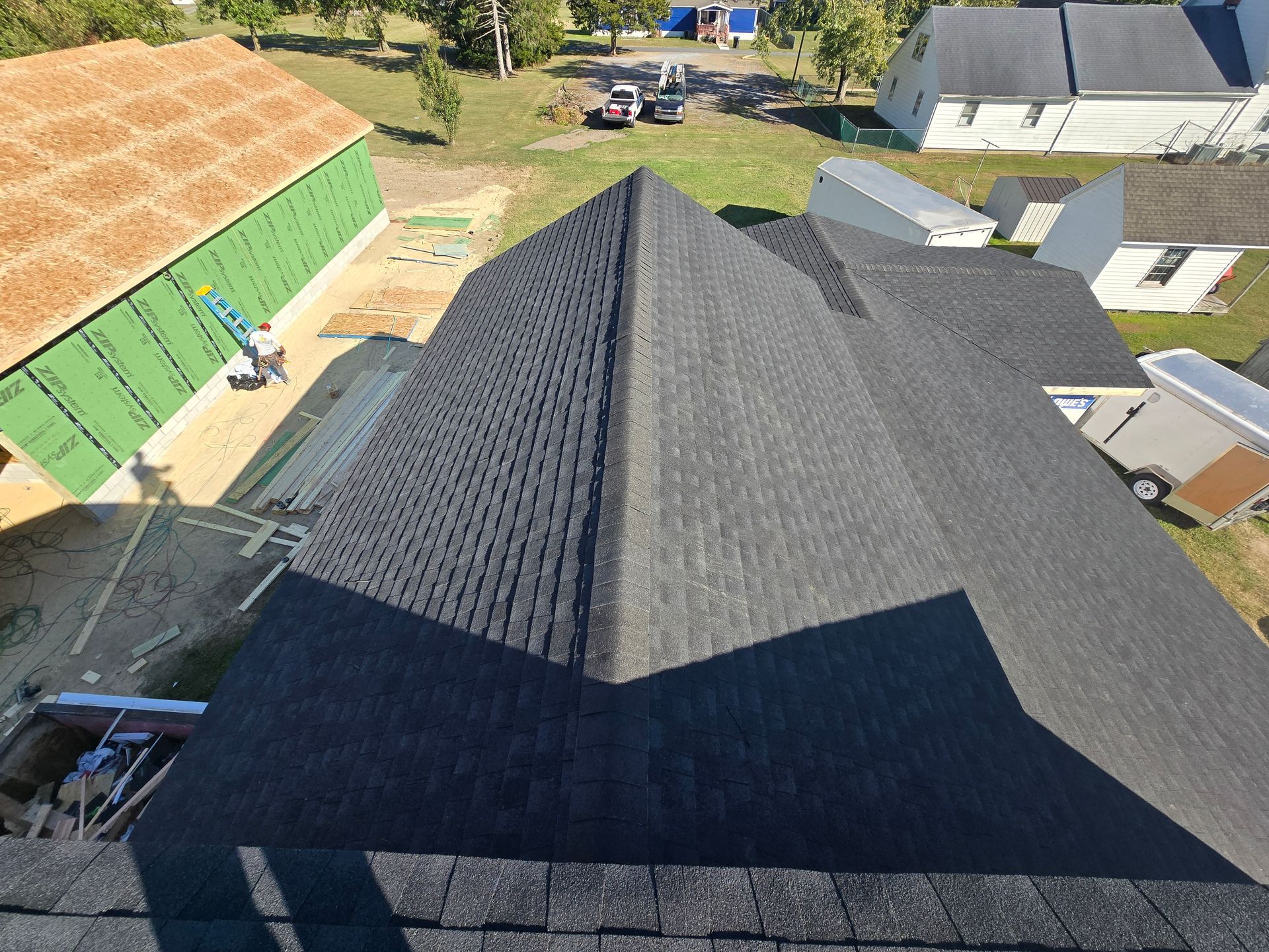 An aerial view of a roof of a house under construction.