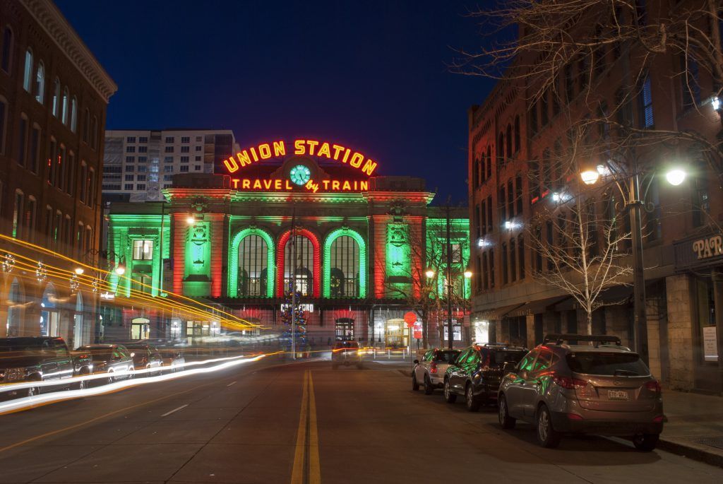 View of Union Station in downtown Denver, Colorado, taken at night from the street.