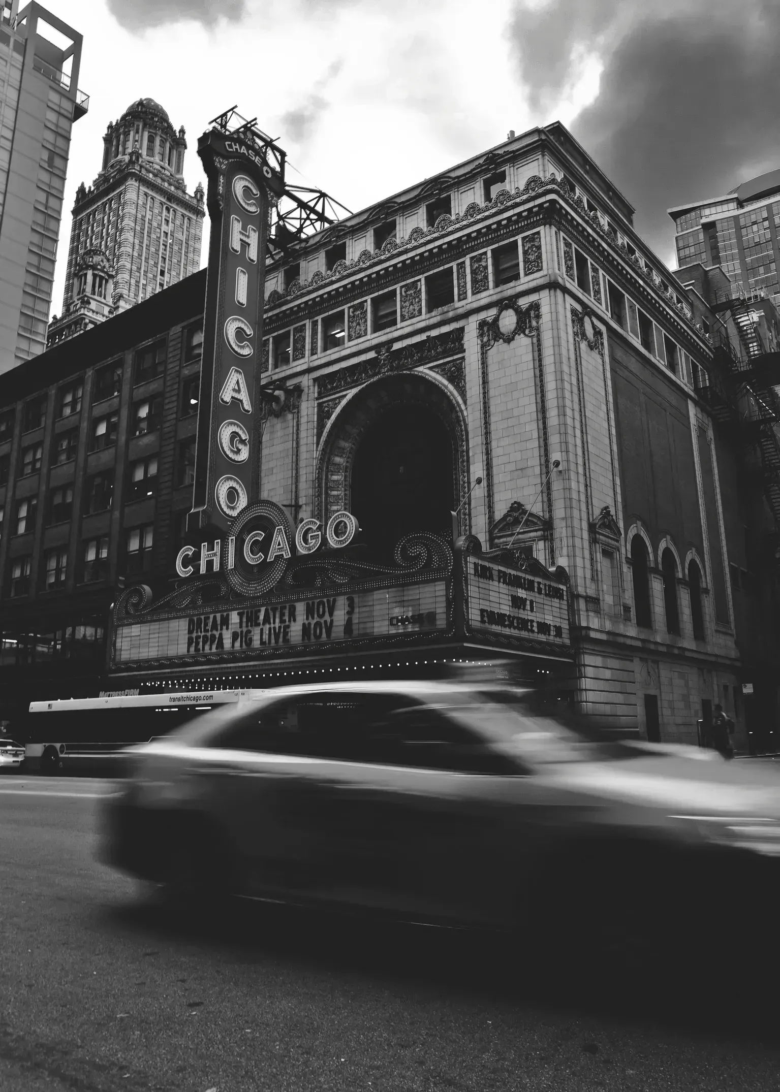 A black and white photo of a chicago theater