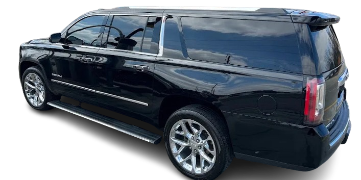 A black suv is parked on a white background.