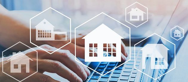 buy house, real estate concept, different offers of property online, hands typing on computer as background