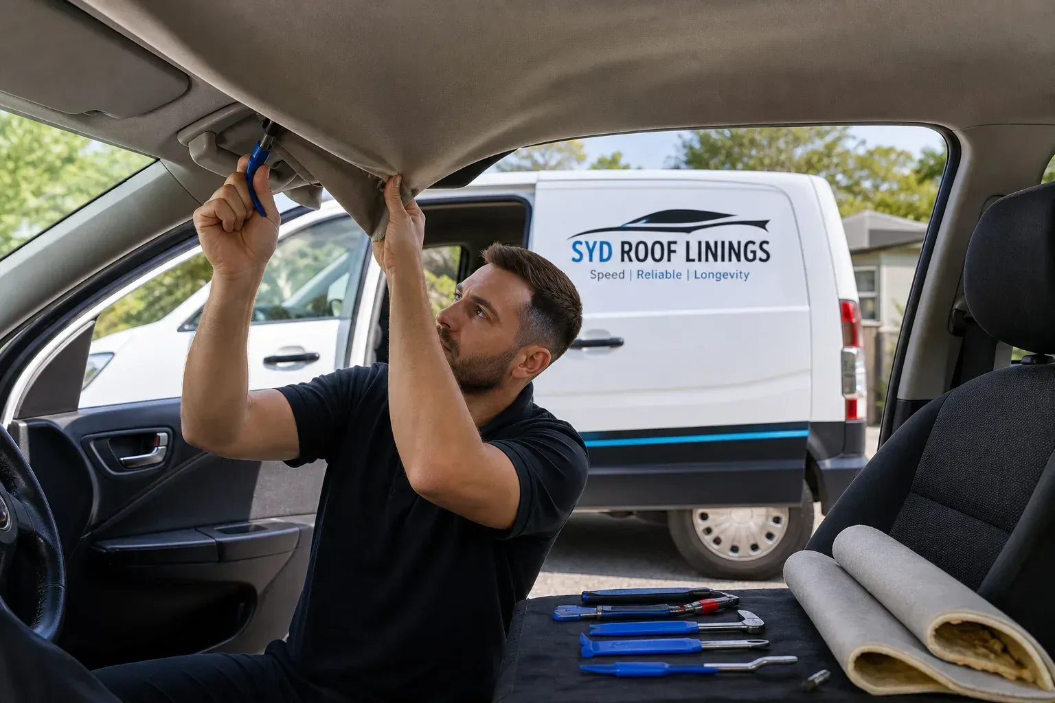 a person fixing car roof