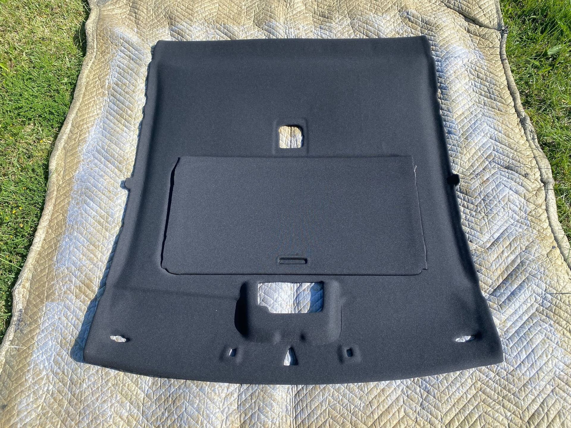 Black car headliner on a patterned cloth, outdoors on grass.
